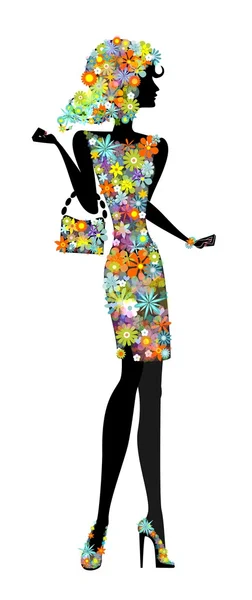 Beautiful young woman in flowers. — Stock Vector