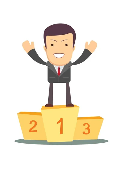 Businessman winner standing in first place on a podium — Stock Vector