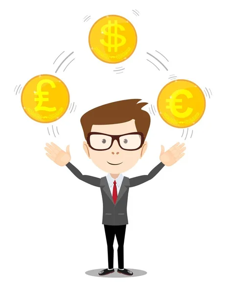 Cartoon businessman juggling with gold coins — Stock Vector