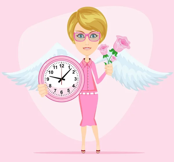 Kobieta Anioł przytrzymanie różowy watchs — Wektor stockowy