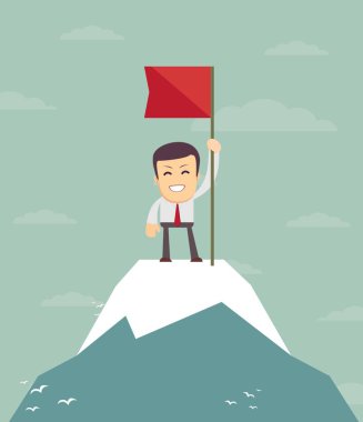 İşadamı bir dağ tepe üzerinde bayrak ile.