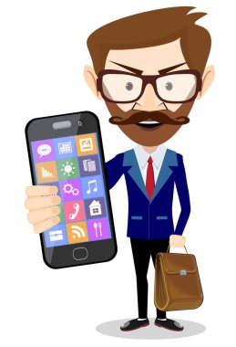 Yakışıklı sakallı işadamı resmi kıyafetli bir akıllı telefon gösterilen