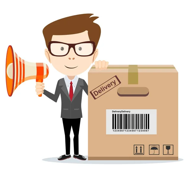 Abstract delivery service man with box and Megaphone . — Stock Vector
