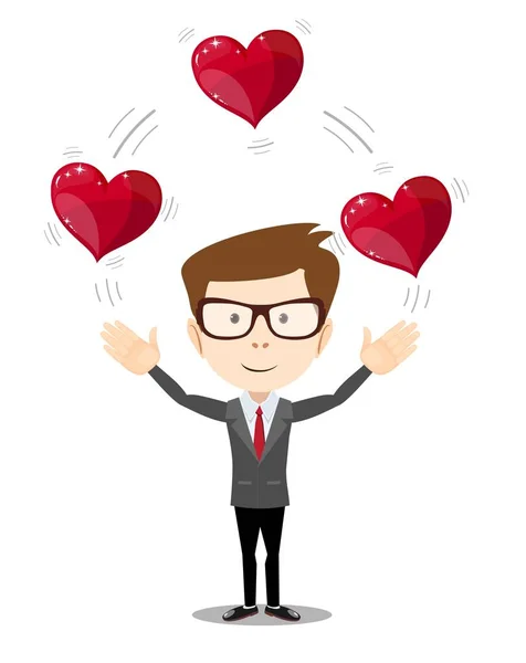 Business man juggling hearts . — Stock Vector