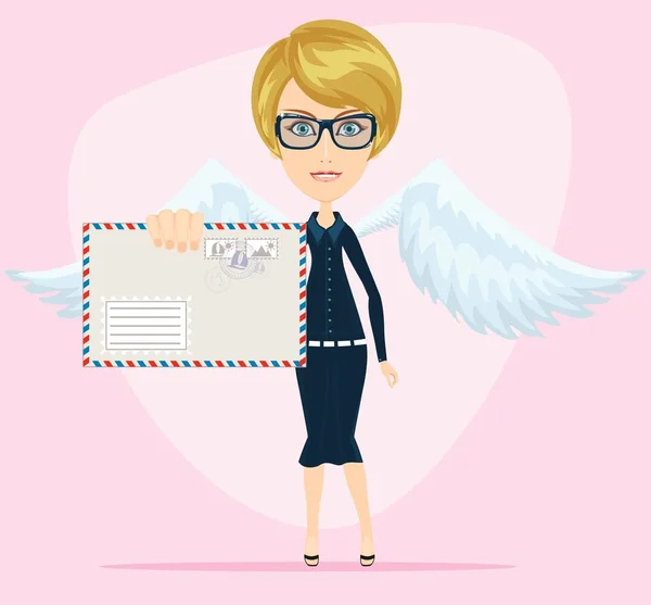 Angel vrouw met brief in een envelop — Stockvector