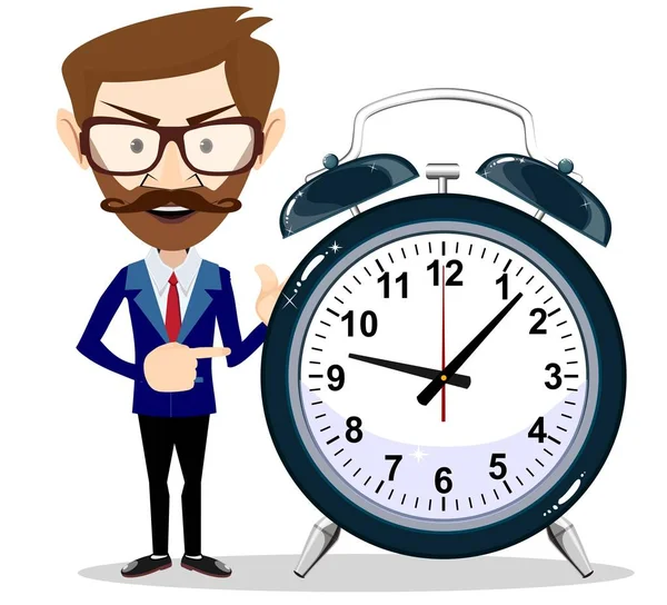 Uomo d'affari con sveglia, che simboleggia la gestione del tempo . — Vettoriale Stock
