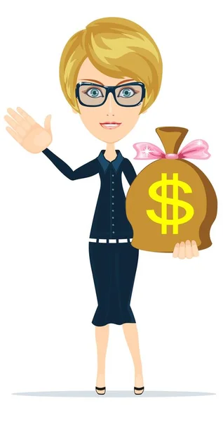 Businesswoman with money bag. — Stock Vector