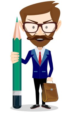 Yeşil kalem ile yakışıklı sakallı işadamı .