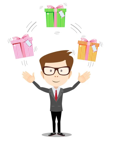 Happy man juggling gift box with bow — Stock Vector