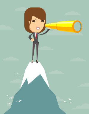 Woman on the top looking into the spyglass, clipart
