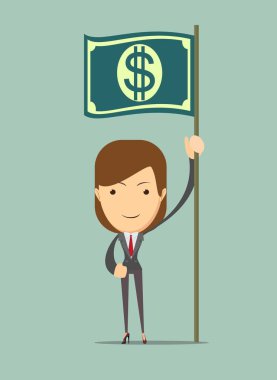 Elinde bir banknot ile bayrak tutan kadın.