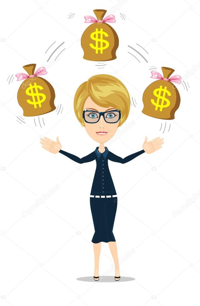 Cartoon businesswoman holding money bag