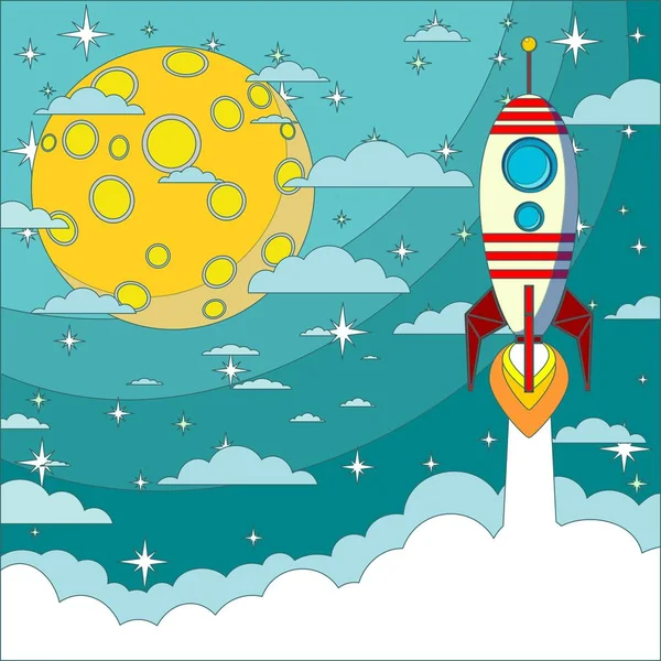 Space rocket flying in space with moon — Stock Vector
