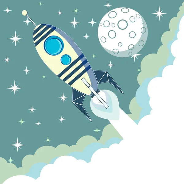 Space rocket flying in space with moon and stars — Stock Vector