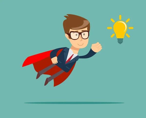 Super Businessman in Red Cape Flying to Idea Light Bulb. - Stok Vektor