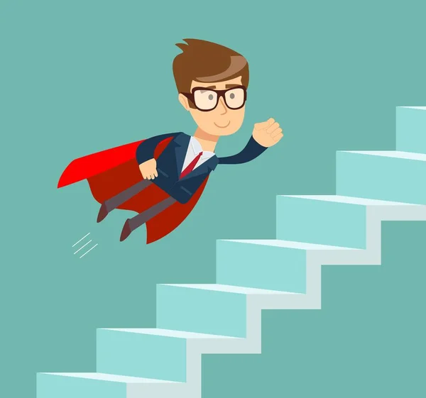 Flying Super hombre de negocios en capa roja subir escaleras . — Archivo Imágenes Vectoriales
