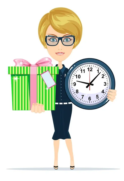 Femme tenant une boîte cadeau et horloge — Image vectorielle