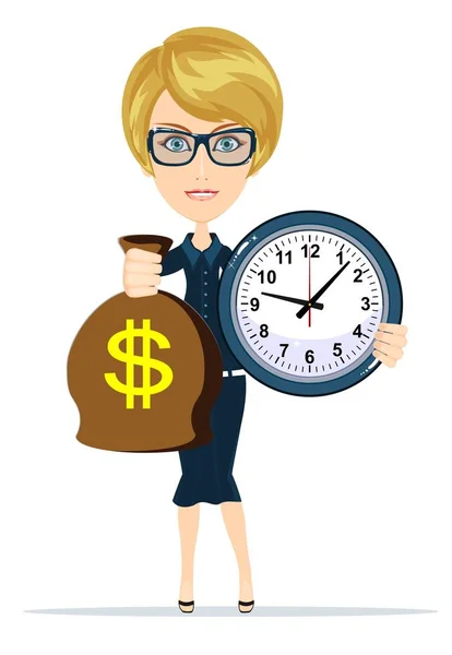 Kvinna som håller en pengar väska och klocka — Stock vektor