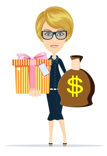 Woman holding a money bag and gift box — Stock Vector