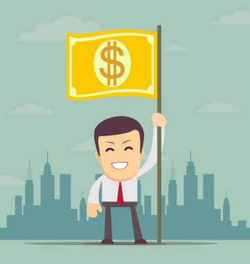 Elinde bir banknot ile bayrak tutan işadamı.