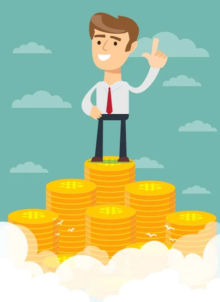 Man proudly standing on the huge money staircase. — Stock Vector