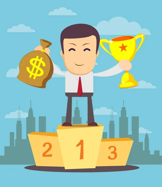 Podnikatel, drží pohár vítěze a peníze — Stockový vektor