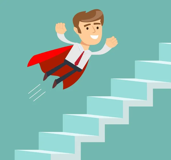 Flying Super hombre de negocios en capa roja subir escaleras . — Vector de stock