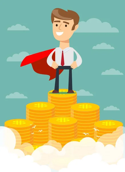 Superhero proudly standing on the huge money staircase in a confident pose. — Stock Vector