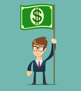 Elinde bir banknot ile bayrak tutan işadamı.