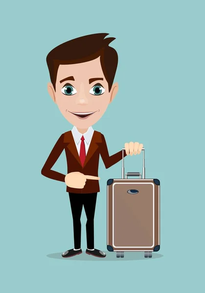 Businessman holding modern suitcase with wheels. — Stock Vector