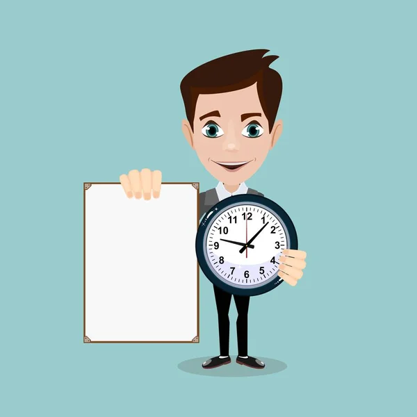 Man holding a poster and a clock — Stock Vector