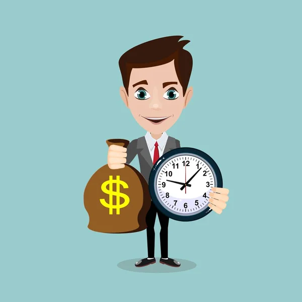 Hombre sosteniendo una bolsa de dinero y un reloj . — Vector de stock