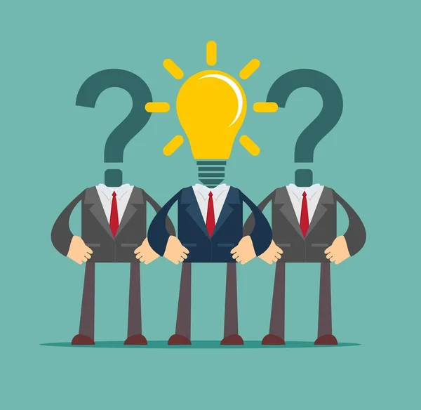 Two question mark headed businessmen behind light bulb headed man — Stock Vector