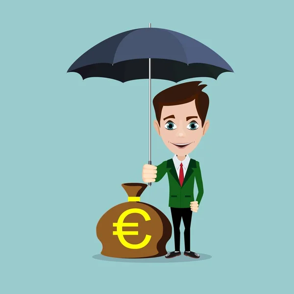 Ένας επιχειρηματίας με γενειάδα μόνιμη εκμετάλλευση ομπρέλα προστατεύοντας τα χρήματά του — Διανυσματικό Αρχείο