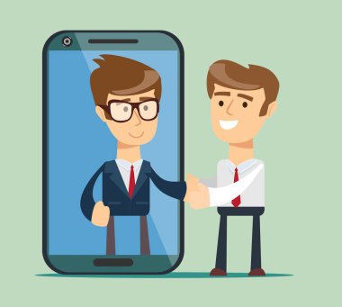 Smartphone ekranında iş adamı. İnsanlar el sallamak.