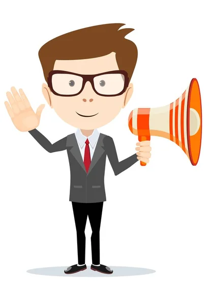Young businessman with a megaphone. — Stock Vector