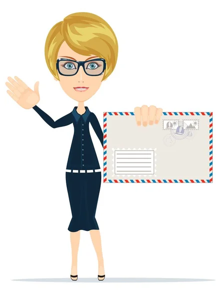 Woman in formal suit holding an envelope with a letter. — Stock Vector