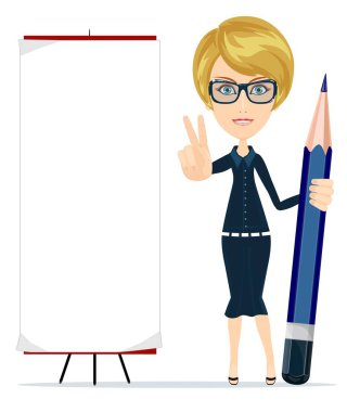 Bir kalem tutan ve boş bir poster işaret eden kadın.