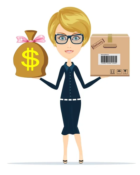 Женщина с коробкой и деньгами. Концепция поставки . — стоковый вектор