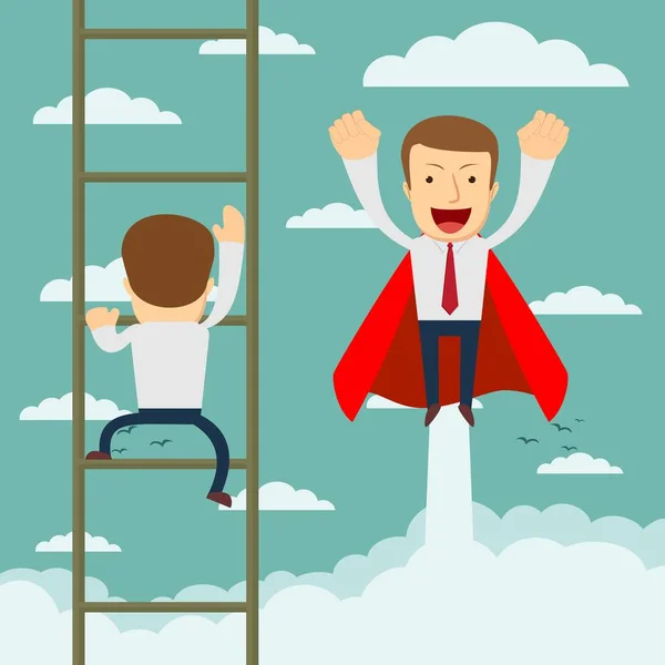 Zakenman superheld vliegen pass zakenman beklimmen van de ladder. — Stockvector