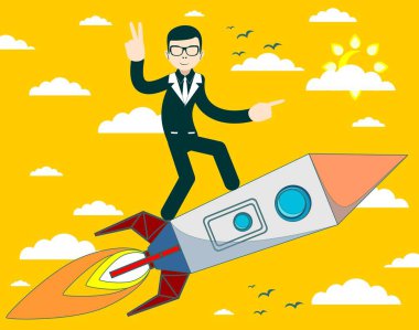 üzerinde bir roket gökyüzü arka plan üzerinde uçan iş adamı