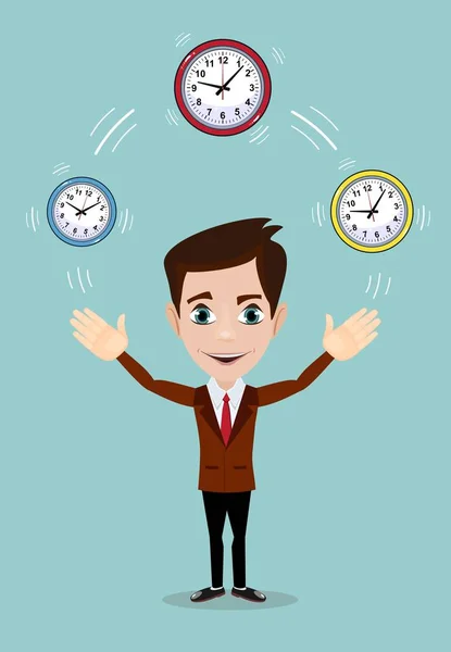 Businessman plays with Time, symbolizing time management. — Stock Vector
