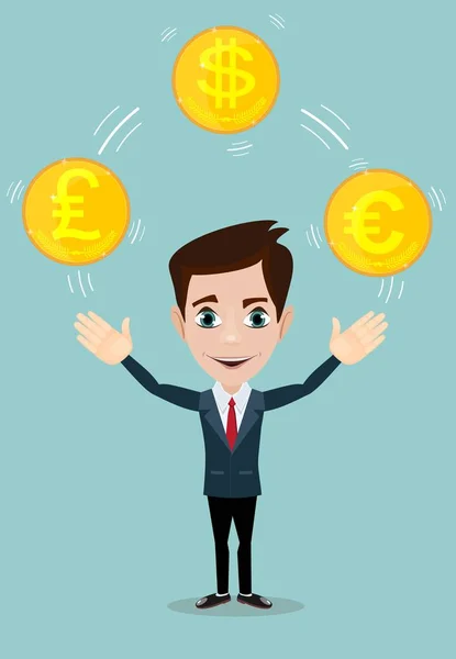 Man juggling with gold coins with different currency symbols. — Stock Vector