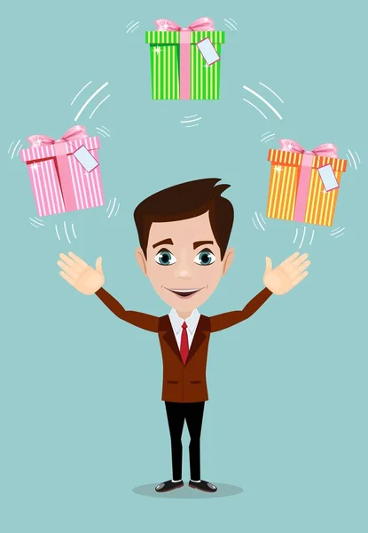 Happy man juggling gift box with bow — Stock Vector
