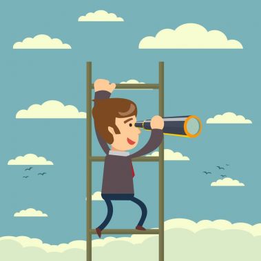 Bir merdiven üzerinde çok teleskop aracılığıyla arıyor işadamı.