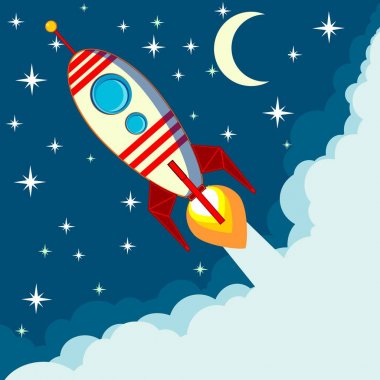 Ay ve yıldız ile uzayda uçan uzay roketi