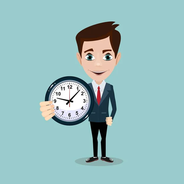 Empresário feliz apoiando-se no relógio grande. Conceito de gestão do tempo . — Vetor de Stock