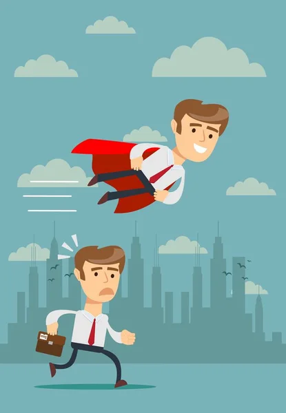 Ilustração do homem de negócios com mosca vermelha da capa passar seu concorrente — Vetor de Stock