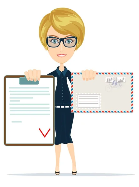 Femme tenant un rapport contractuel et l’enveloppe. — Image vectorielle