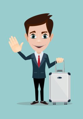 Modern bavul tekerlekleri tutan işadamı.